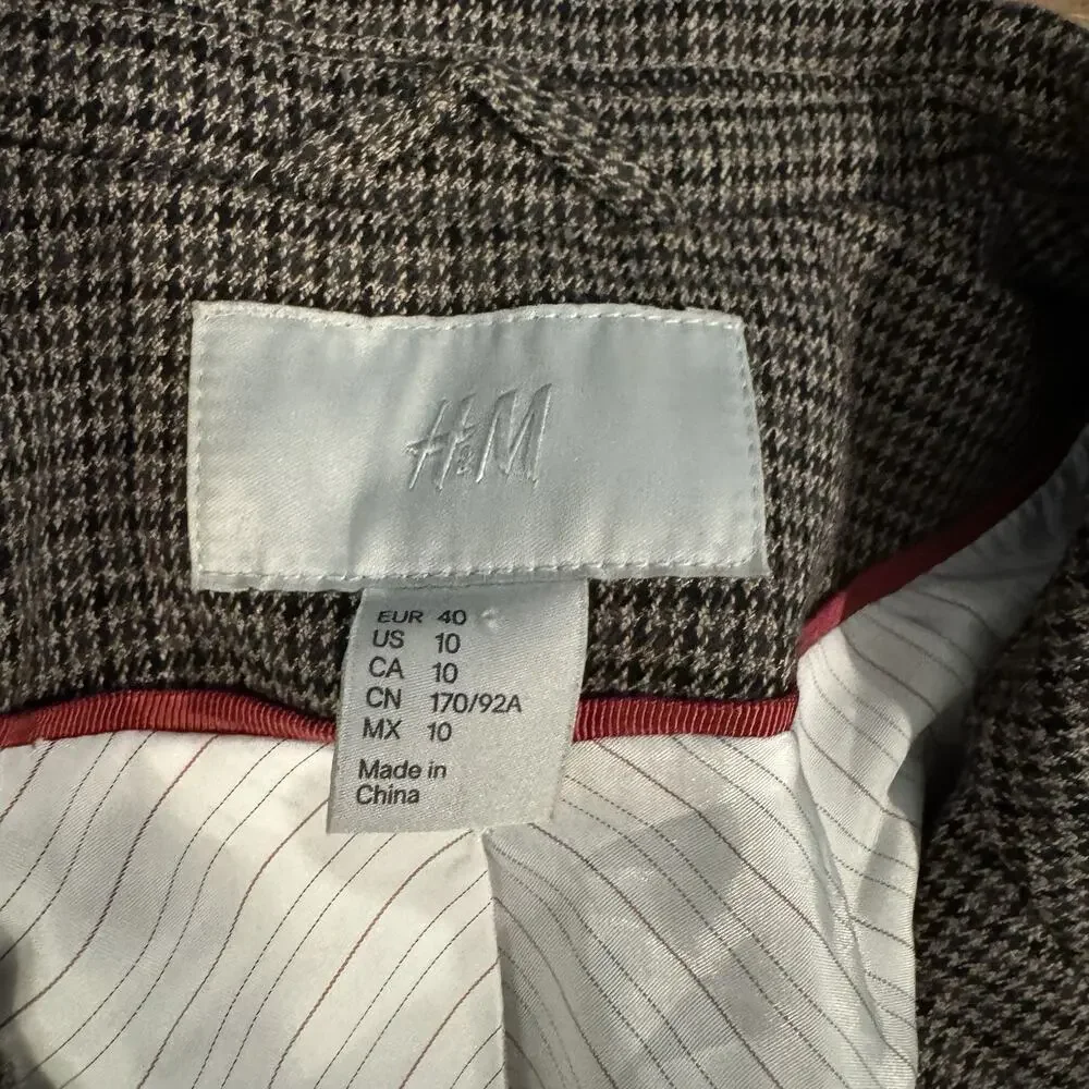 H&M Fitted Notched Lapel Houndstooth Suit Jacket Blazer 10 Academia Career